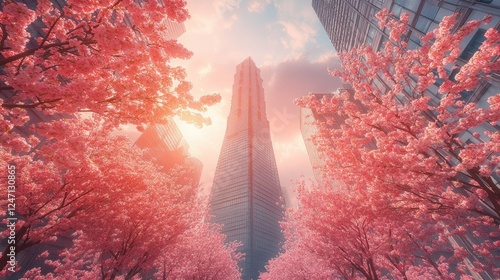 Sunrise city skyscraper cherry blossom spring photo