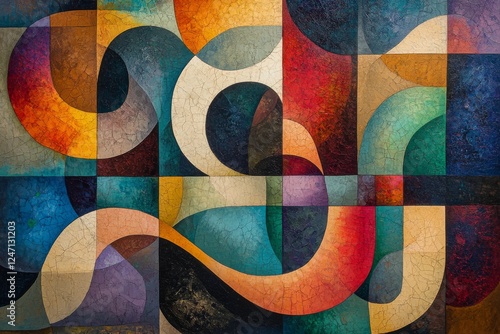 Colorful abstract shapes create dynamic patterns in modern artwork displayed ...