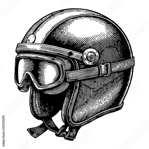 Vintage Motorcycle Helmet with Goggles Detailed Black and White Outline Line Art Drawing