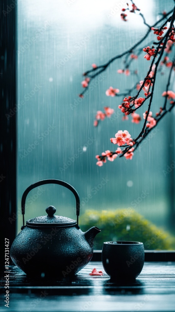 Rainy day with tea cherry blossoms
