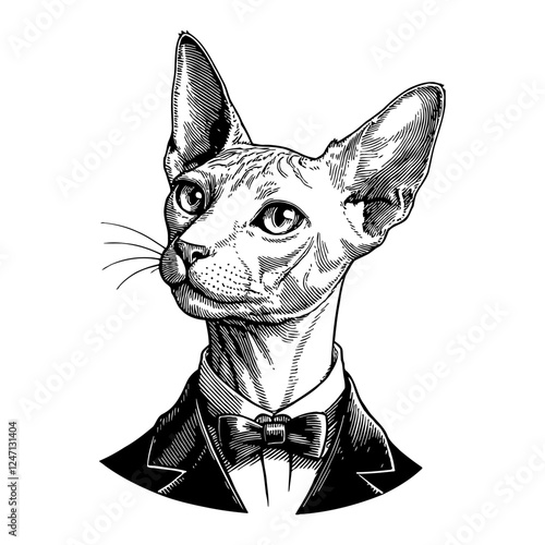 Elegant Sphynx Cat in Tuxedo Black and White Outline Line Art Drawing Detailed Portrait