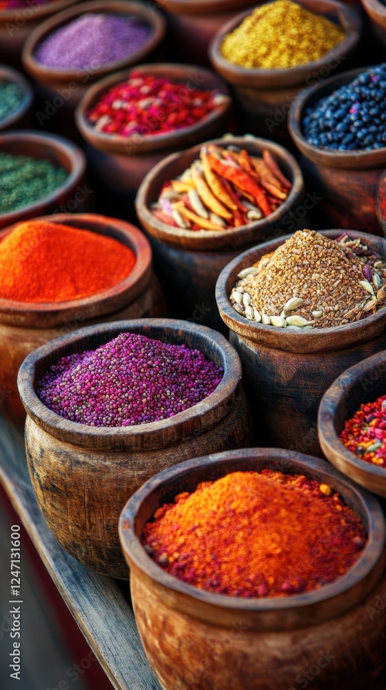 Diverse spices in wooden bowls displayed at vibrant market Diverse spices in wooden bowls displayed at vibrant market