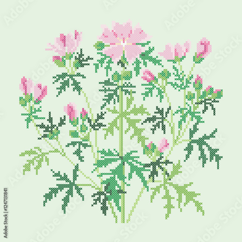 vector art embroidery pink flowers