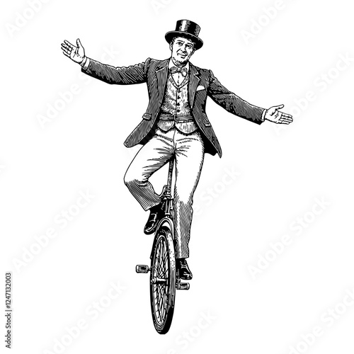 Vintage Man Riding Unicycle Wearing Top Hat with Open Arms Black and White Outline Line Art Drawing