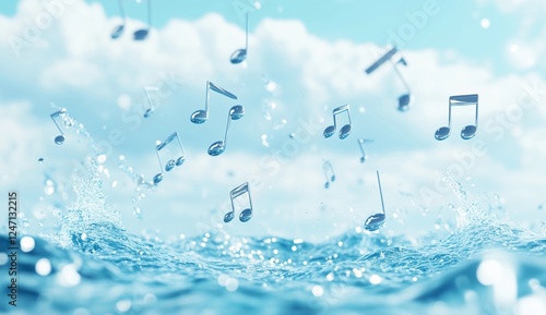 Musical notes float above sparkling water under a clear blue sky on a serene day