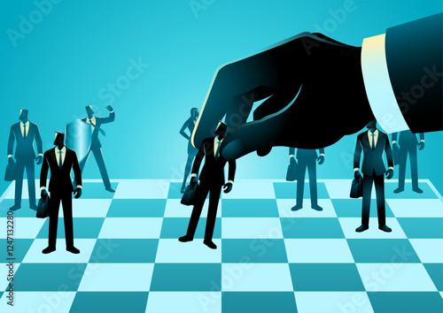 Giant hand placing his employees on chessboard, concepts of placing the right employees in the ideal roles, the process of optimizing human capital
