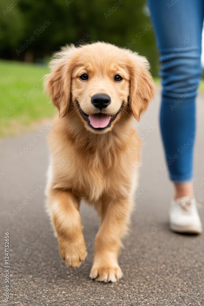 National Walk Your Dog Day Golden retriever puppy walking on path with female owner outdoors National Walk Your Dog Day Golden retriever puppy walking on path with female owner outdoors