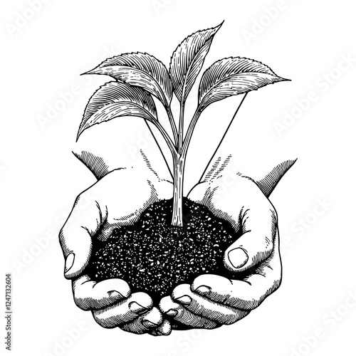 Hands Holding Plant with Soil in Detailed Black and White Outline Line Art Drawing