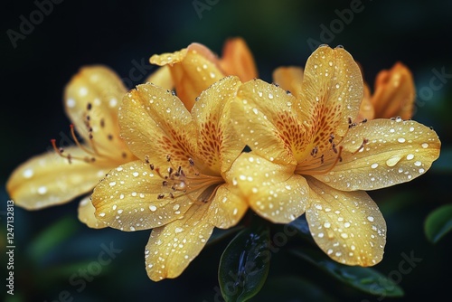 Vibrant yellow flowers adorned with raindrops in a lush garden setting