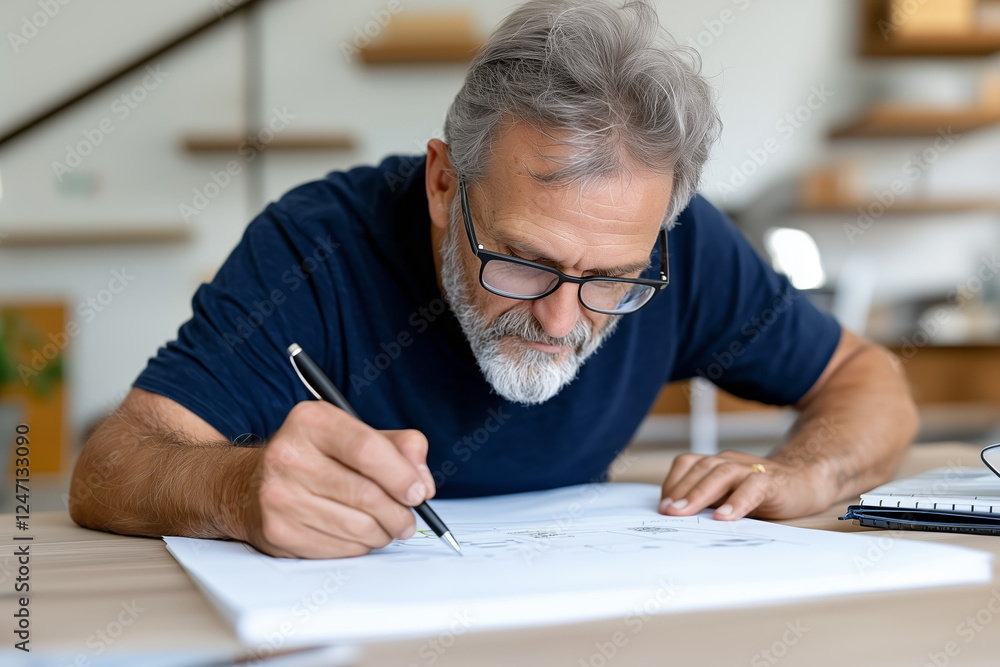 Older Man Drawing On Paper At Home Older Man Drawing On Paper At Home