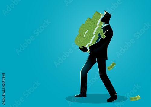 Businessman lifting a large stack of money, represents financial success, hard work, and achievement. Themes for finance, wealth, business growth, or corporate success