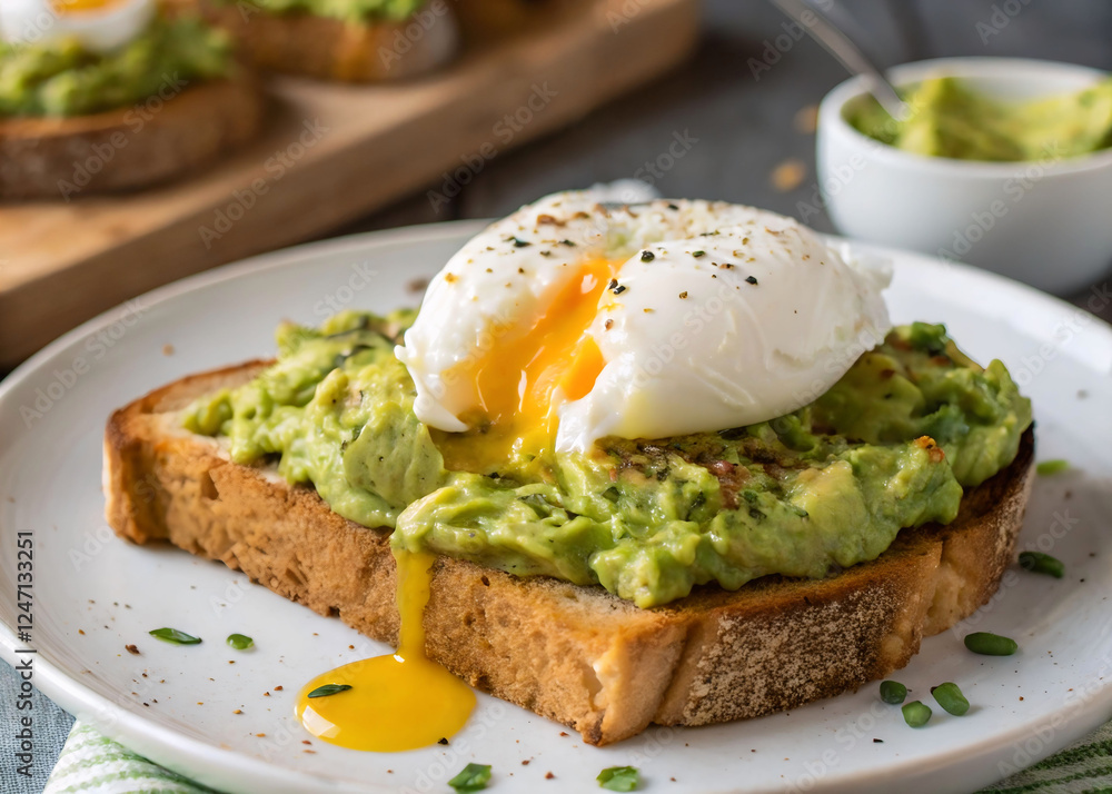 A close-up of a plate of toast topped with a poached egg and a vibrant green guacamole. The plate is white, and the food is presented in a way that emphasizes its freshness and texture. The background A close-up of a plate of toast topped with a poached egg and a vibrant green guacamole. The plate is white, and the food is presented in a way that emphasizes its freshness and texture. The background