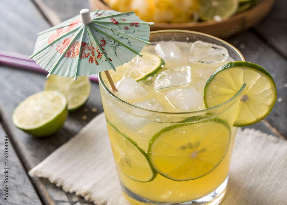 Fototapeta premium A glass filled with a yellow liquid, likely a citrus juice, garnished with slices of lime and ice cubes. To the side of the glass is a decorative umbrella, and in the background there's a bowl contain