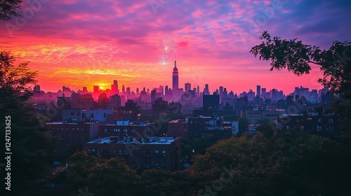 Vibrant sunrise over city skyline