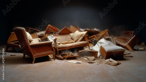 Abandoned vintage furniture collection in dusty roomconcept of clutter, room organizing, home improvement photo