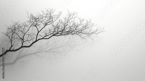 Bare tree branches reaching out into a foggy landscape at dawn