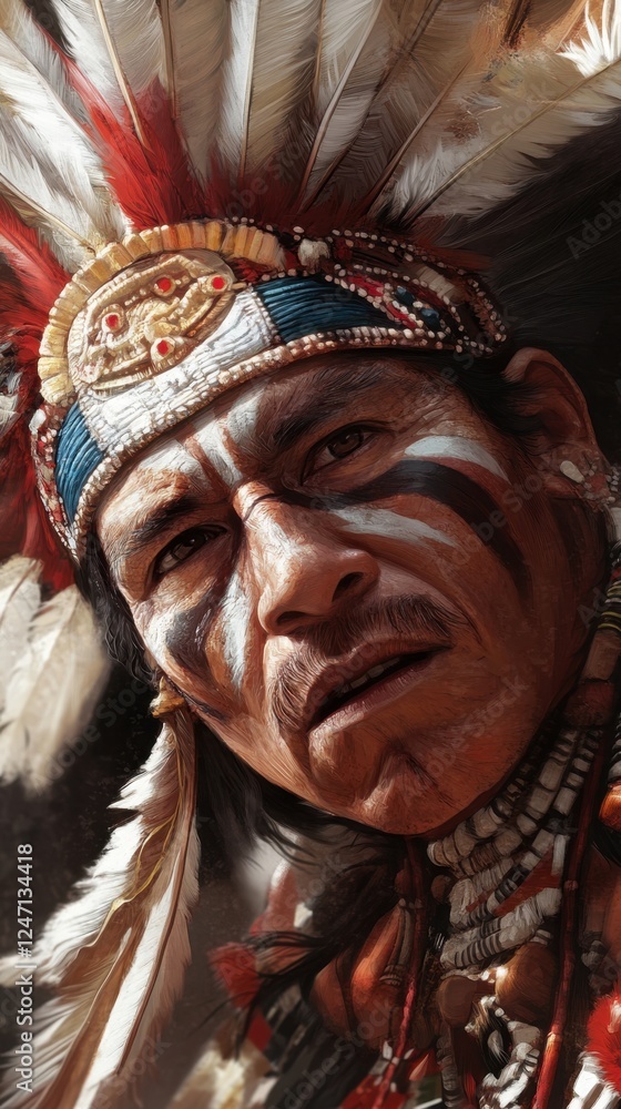 Aztec New Year Native american man in traditional feathered headdress with face paint close-up portrait Aztec New Year Native american man in traditional feathered headdress with face paint close-up portrait