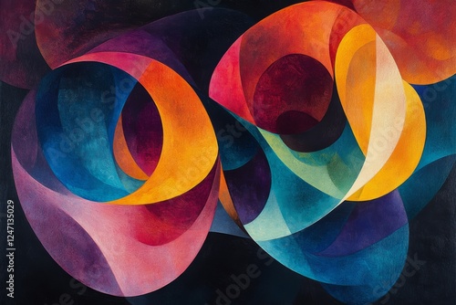 Colorful abstract artwork featuring flowing shapes and vibrant hues against a...