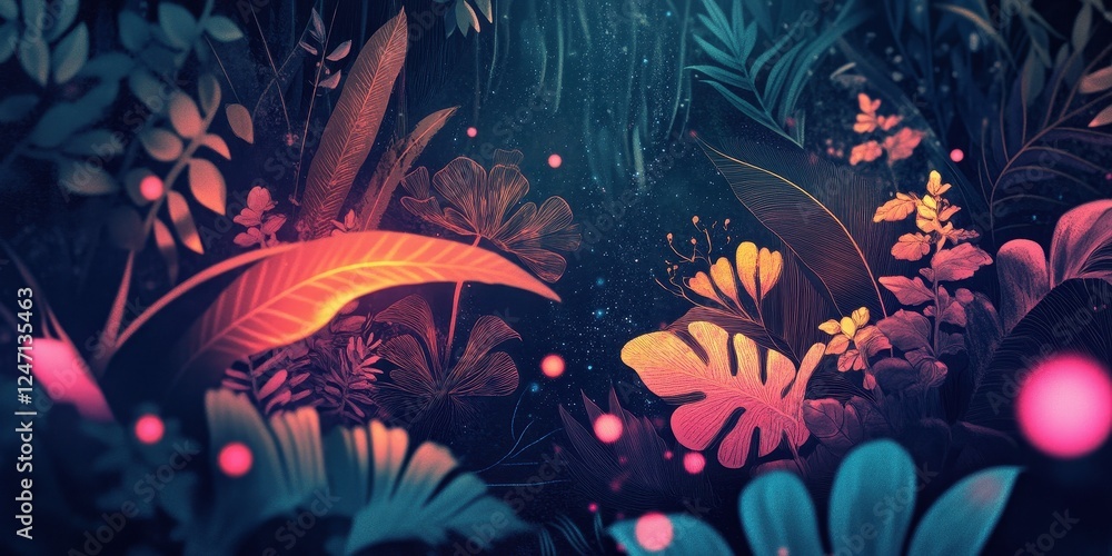 Enchanting Neon Tropical Flora Night Garden Scene Enchanting Neon Tropical Flora Night Garden Scene