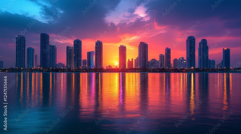 Vibrant sunset over city skyline reflected in calm water (2) Vibrant sunset over city skyline reflected in calm water (2)