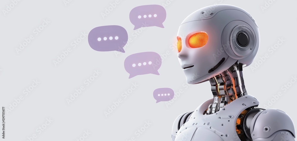 A charming purple AI robot with glowing orange eyes, depicted with floating speech bubbles, illustrating machine-human interaction on a light background A charming purple AI robot with glowing orange eyes, depicted with floating speech bubbles, illustrating machine-human interaction on a light background