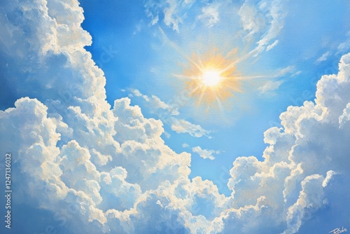 Bright afternoon sunlight shining through clouds above a residential area wit...