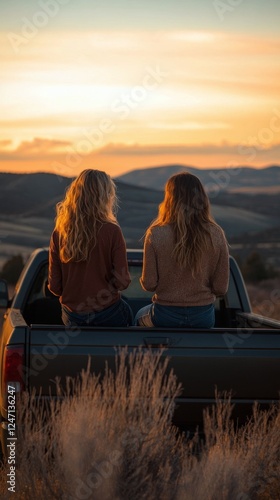 Friends enjoy sunset together in nature while sitting on truck bed in scenic ...