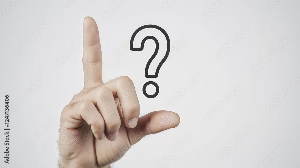 Curious Hand Gesture With a Question Mark Symbolizing Inquiry and the Pursuit of Understanding in a Minimalist Setting. Generative AI Curious Hand Gesture With a Question Mark Symbolizing Inquiry and the Pursuit of Understanding in a Minimalist Setting. Generative AI