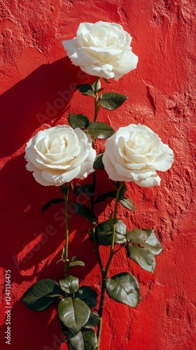 Elegant white roses arranged against a vibrant red background displaying natu...
