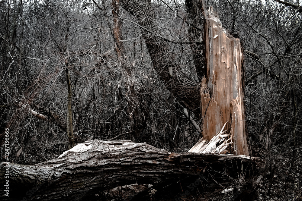 a large split in half broken dead tree trunk with exposed heartwood from wind storm weather damage dramatic nature woodland forest winter powerful nature background photography a large split in half broken dead tree trunk with exposed heartwood from wind storm weather damage dramatic nature woodland forest winter powerful nature background photography