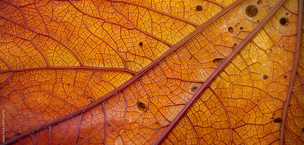 Obraz premium A detailed close-up of an autumn leaf displays its rich orange color and fine veins. The sunlight highlights the leaf's texture, emphasizing its beauty and natural patterns
