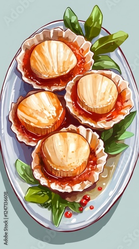 Grilled scallops served with savory sauce and fresh herbs for a delightful cu...