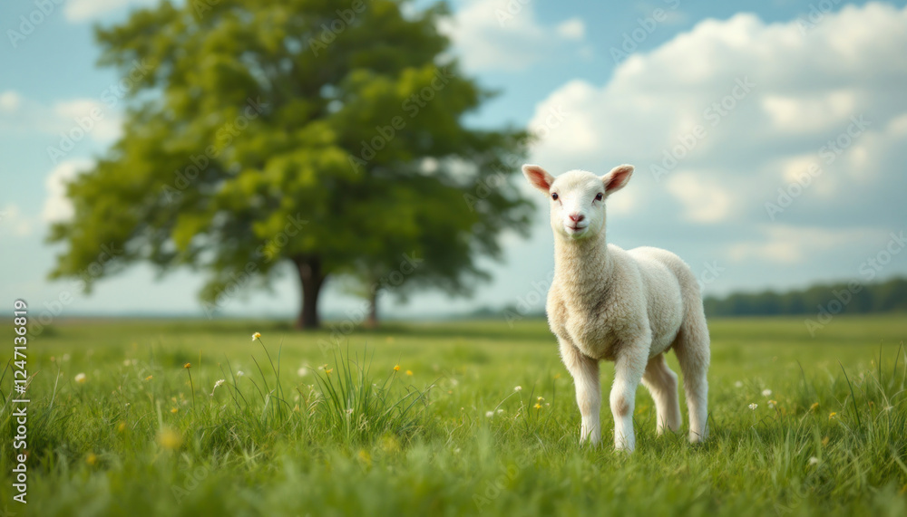 Lamb is standing between dandelions Lamb is standing between dandelions
