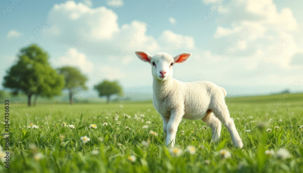 Fototapeta premium Lamb is standing between dandelions