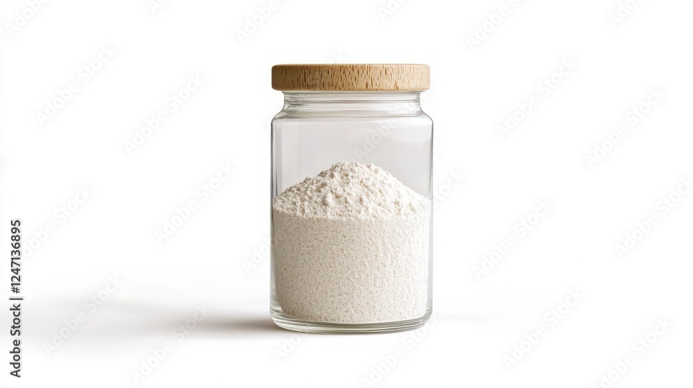 Isolated image of a glass jar filled with flour on a white background, perfect for promoting kitchen storage products. Isolated image of a glass jar filled with flour on a white background, perfect for promoting kitchen storage products.