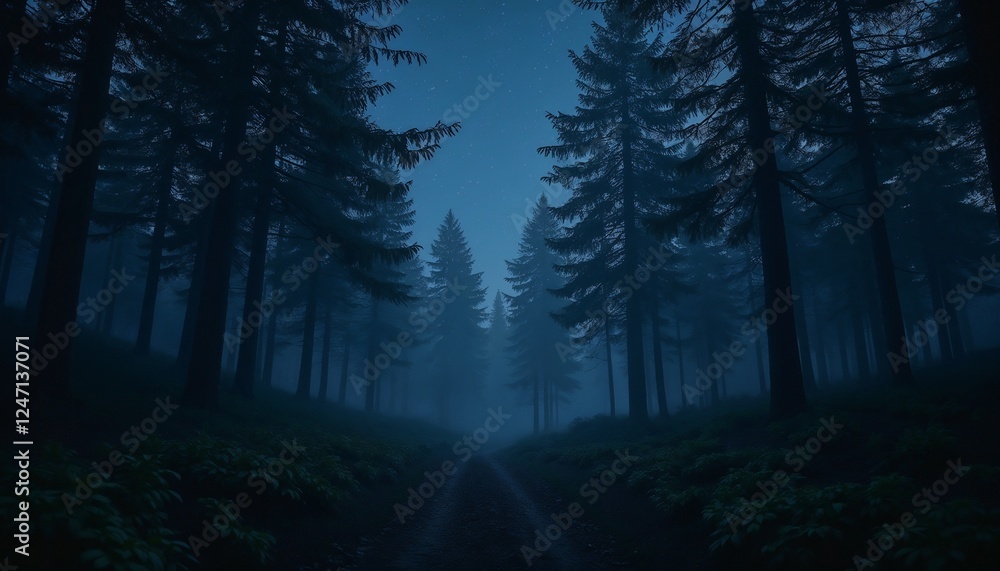 Obraz premium Mysterious forest path at night with starry sky and foggy atmosphere