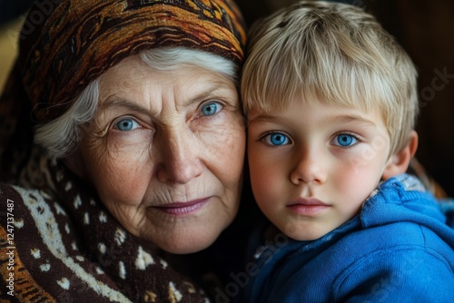 Close bond between grandmother and grandson captured indoors during a cozy mo...