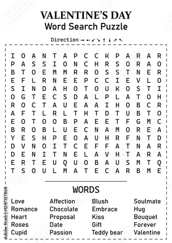 Valentine's Day Word Search 15x15 Puzzle Game for Kids, Teens & Adults - Hard, Fun and Educational Activity Page with Hidden Words