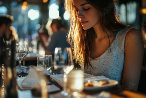 Woman enjoying a quiet dinner while reading in a warmly lit restaurant during...
