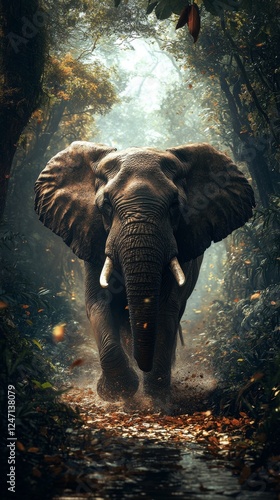 Majestic elephant walking through lush tropical forest at dawn
