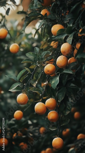 Fresh oranges hanging from branches in a vibrant grove during daylight hours
