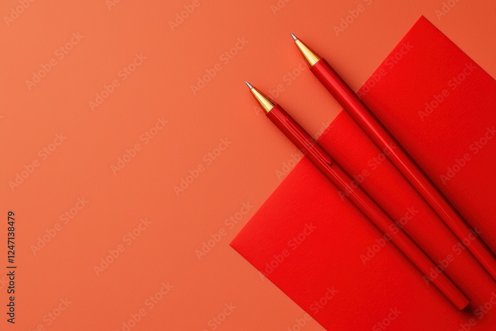 Elegant red pens resting parallel to a bold red envelope, creating a balanced minimalist aesthetic on a neutral background Elegant red pens resting parallel to a bold red envelope, creating a balanced minimalist aesthetic on a neutral background
