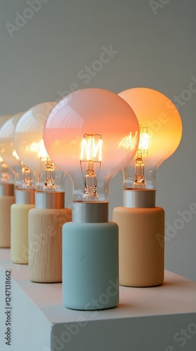 Decorative light bulbs illuminate a modern indoor space with a warm glow and ...