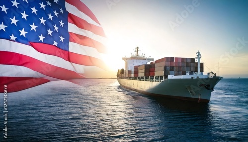 American flag flying beside cargo ship at sea