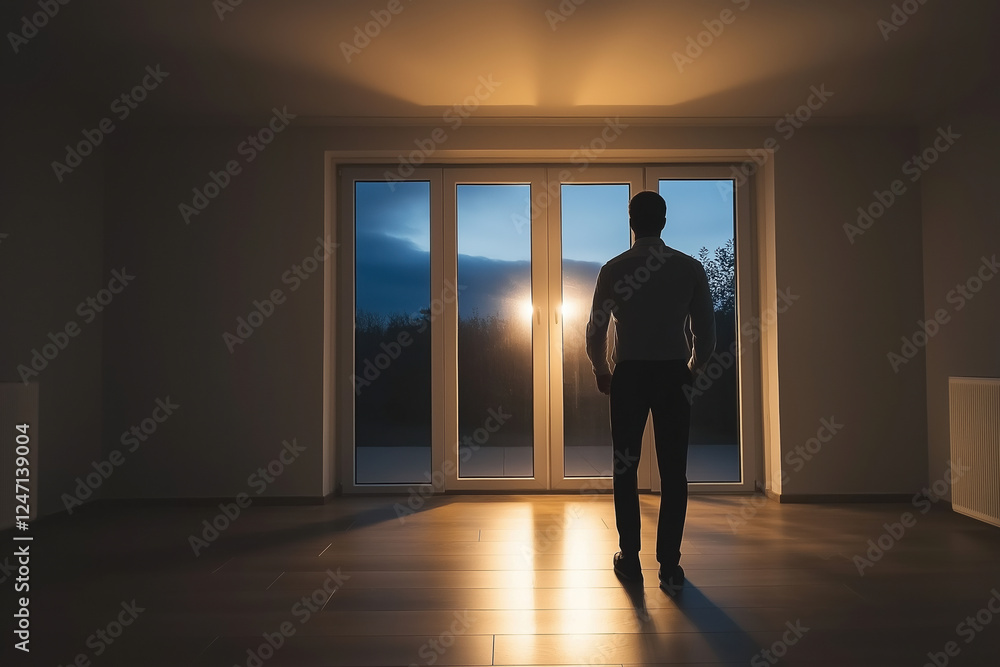 Obraz premium Person gazing out a large window during sunset in an empty room