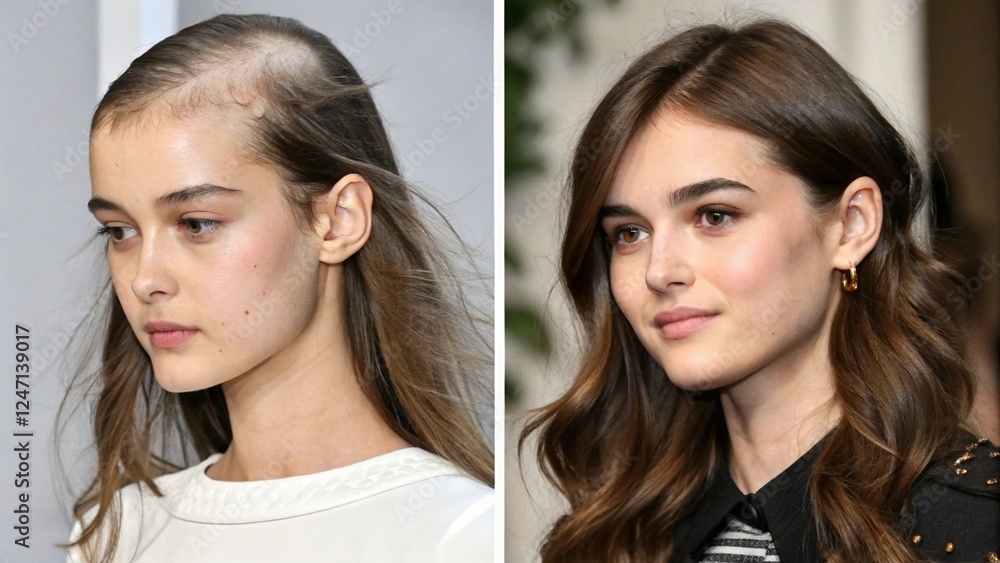Before and After of Young Woman with Hair Loss Balding and Think Hair Transplantation Treatment Trichology Before and After of Young Woman with Hair Loss Balding and Think Hair Transplantation Treatment Trichology