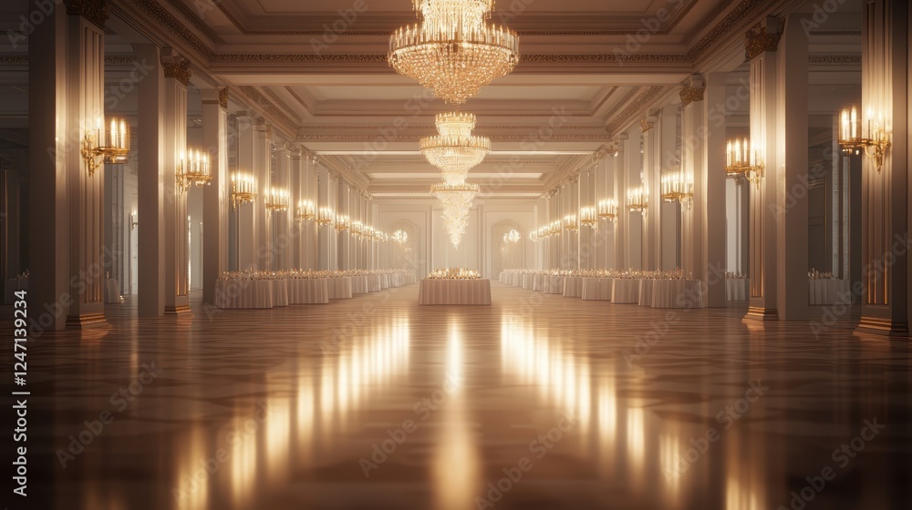 High-end banquet hall with chandeliers and lavish decor, as professional servers prepare tables for an upscale celebration High-end banquet hall with chandeliers and lavish decor, as professional servers prepare tables for an upscale celebration