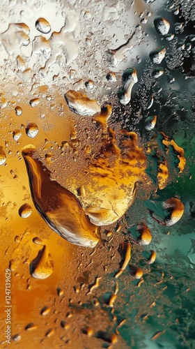 Vibrant city lights shimmering through raindrops on glass at night