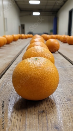 Fresh oranges arranged neatly with green leaves on a light background for a v...