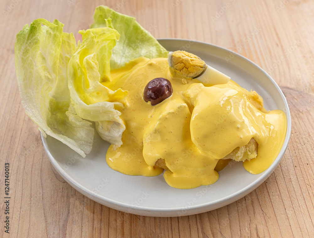 Papa a la Huancaina traditional Peruvian dish with yellow chili pepper, potatoes, and eggs or served with mayonnaise and lettuce Papa a la Huancaina traditional Peruvian dish with yellow chili pepper, potatoes, and eggs or served with mayonnaise and lettuce